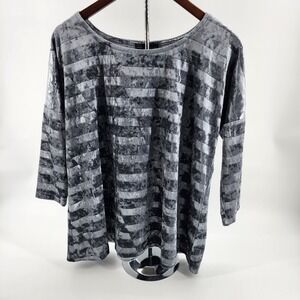 Carre Noir Women's 3/4 Sleeve Scoop Neck Pullover Soft Gray Stripe Top Large